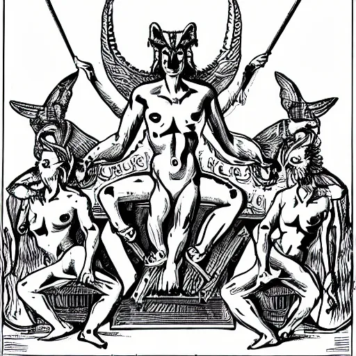 Image similar to neon baphomet on a throne with its disciples bowing down