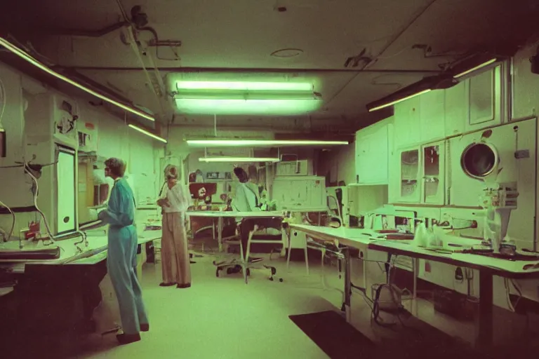 Image similar to AOC inside of a 1970s science lab, neon lights, dirty, ektachrome photograph, volumetric lighting, f8 aperture, cinematic Eastman 5384 film