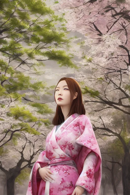 Prompt: photorealistic matte painting of a beautiful japanese girl, wearing kimono, sakura trees in background, smooth, porcelain skin, gorgeous eyes, artstation, 4 k, 8 k