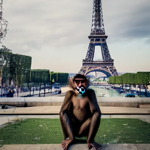 Image similar to high quality portrait of a monkey in front of eiffel tower, studio photograph, photograph, realistic photo, 8k photo, 4k photo, stock photo, high resolution, cinematic shot, high detail