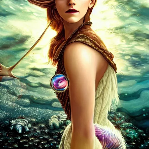 Image similar to emma watson portrait, fantasy, mermaid, hyperrealistic, game character, underwater, highly detailed, sharp focus, cinematic lighting, pearls, glowing hair, shells, gills, crown, water, highlights, starfish, jewelry, realistic, digital art, pastel, magic, fiction, ocean, king, colorful hair, sparkly eyes, fish, heroic, goddess, waves, bubbles, queen