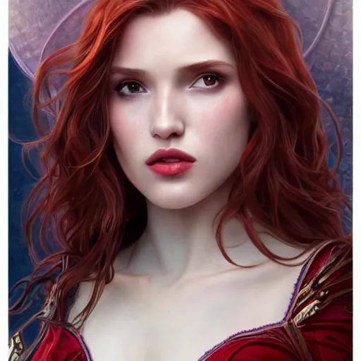 Image similar to ultra realistic illustration, bella thorne as scarlet witch, intricate, elegant, highly detailed, digital painting, artstation, concept art, smooth, sharp focus, illustration, art by artgerm and greg rutkowski and alphonse mucha