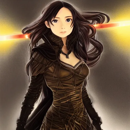 Image similar to portrait of a female Kazuto Kirigaya Kirito as young woman with brown long hair and bangs and wearing a long black coat breast-armor showing through, with light-saber, face, fantasy, intricate, elegant, highly detailed drawn by Donato Giancola and Fernanda Suarez and Artem Demura, face by Artgerm and Edmund Leighton, Alphonse Mucha, background by James Jean and Gustav Klimt, 4k, porcelain skin, komorebi, french nouveau, trending on pixiv, octane render, hyperrealistic