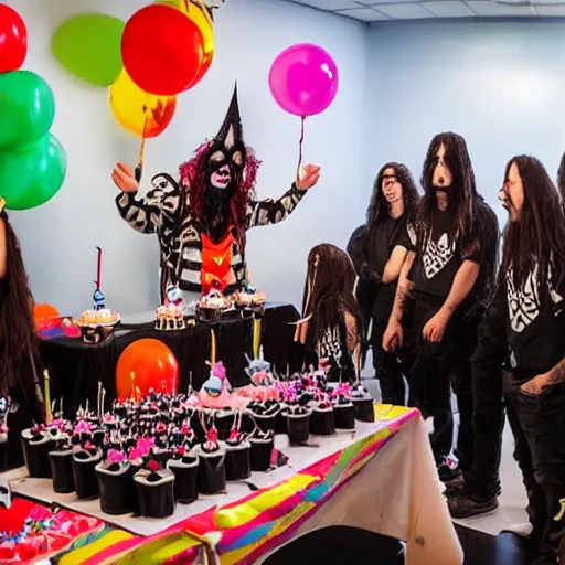 Image similar to black metal band at a children's birthday party, balloons, clown, cakes, fun, kids