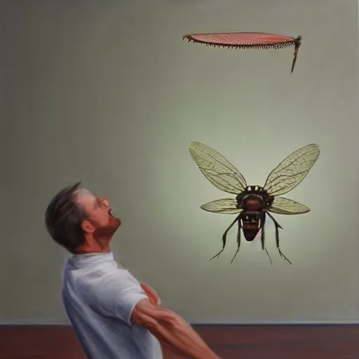 Image similar to hyperrealism painting from the perspective of a housefly getting swatted at from a man with a fly swatter