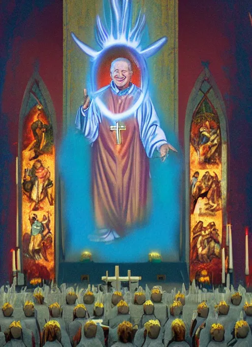 Image similar to president yeltsin in hell, infernal icon with a halo, color art in church style 8 k