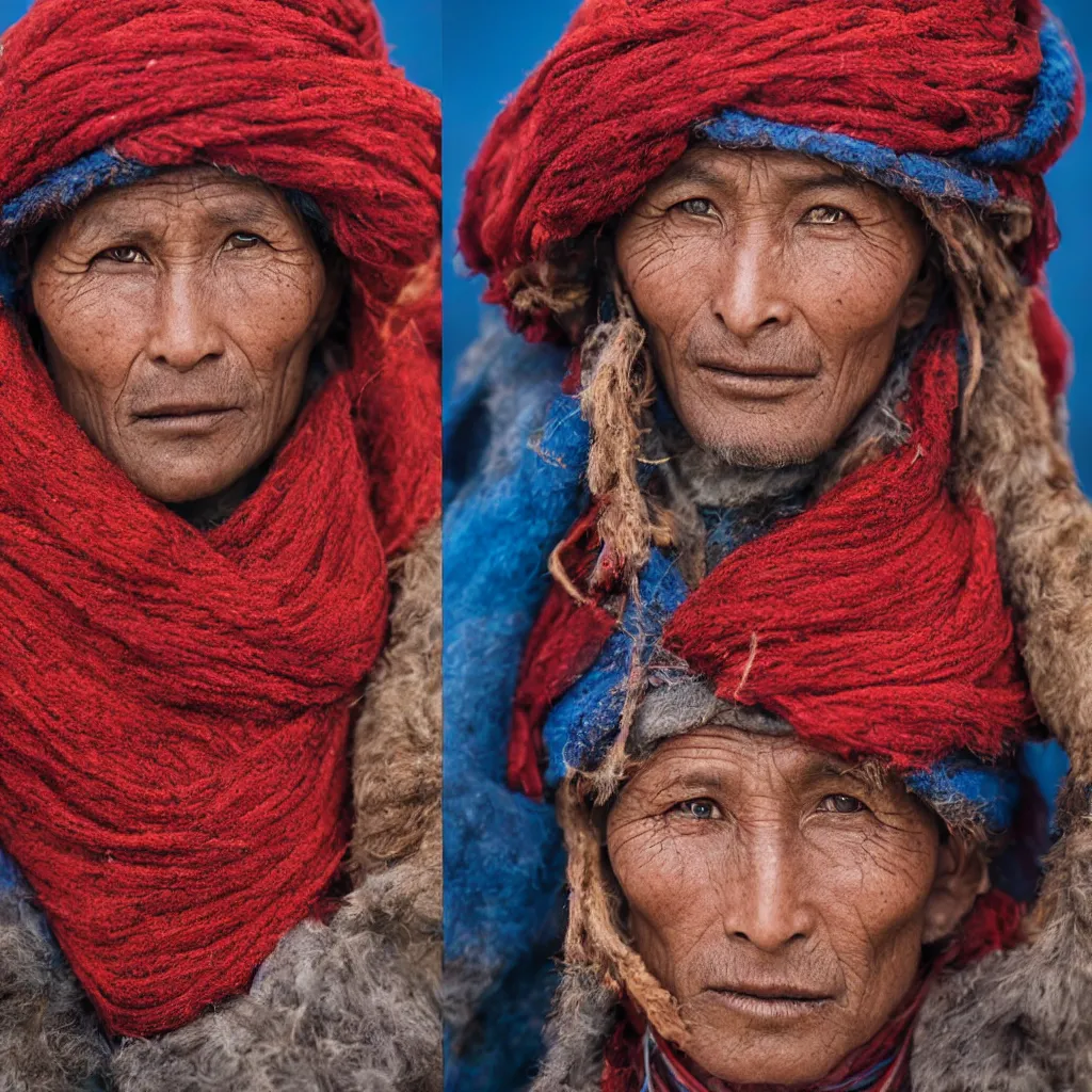 Prompt: close up portrait of a sherpa, photograph, blue and red studio light, sharp, detailed face, gaze, editorial model, photo, annie leibovitz, steve mccurry, david lazar, 1 0 5 mm, f 2. 8, in an oasis, 8 k, detailed