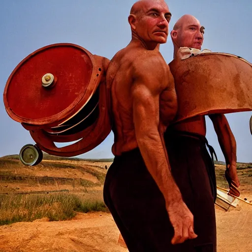 Prompt: a muscular bald man carrying two turbines on his back, portrait photograph, nikon 3 5 mm, photograph by annie leibovitz and steve mccurry