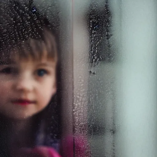 Prompt: a children photographed through a rainy window, bokeh, cinematic light, candles,