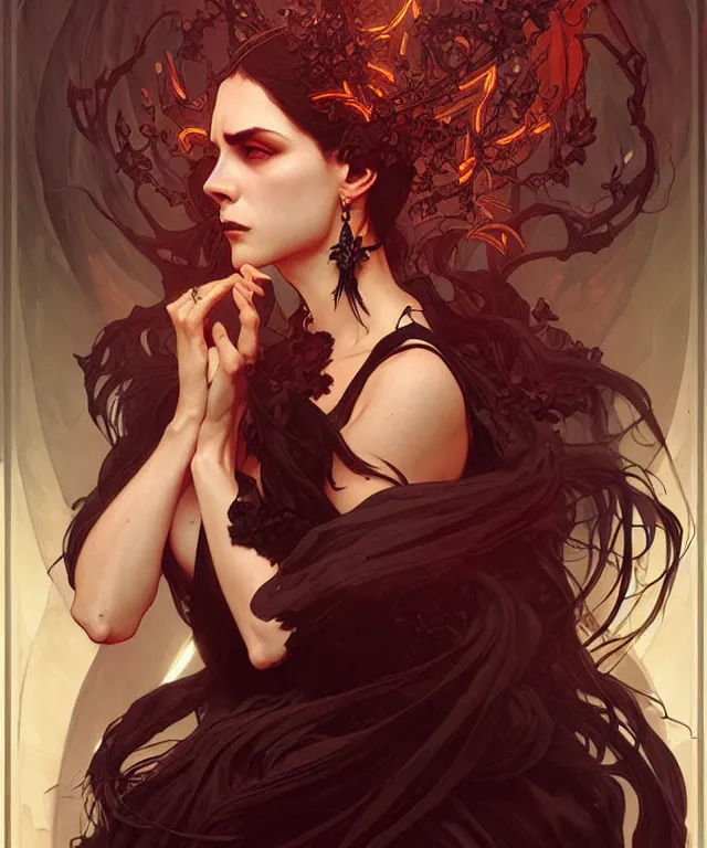 Image similar to a powerful angry demon witch, portrait, intricate, elegant, highly detailed, smooth, sharp focus, art by artgerm and greg rutkowski and alphonse mucha