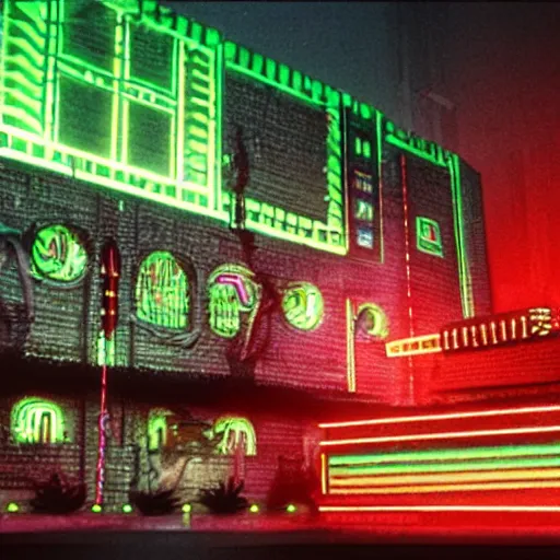 Prompt: cybernetic neon lit ndebele homestead seen from the front, street scene in blade runner