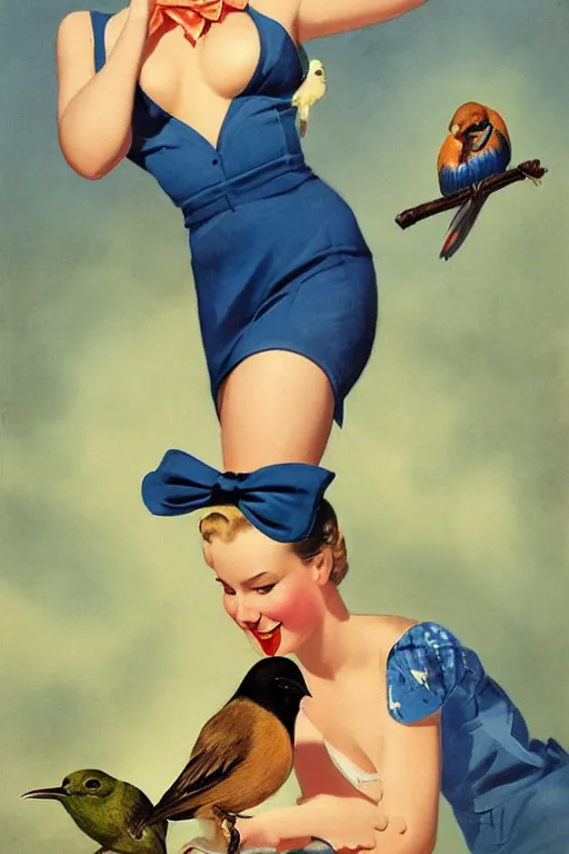 Prompt: portrait of 1 9 4 0 s blond pinup girl holding an indigo bunting, bird, the bird is wearing a bowtie, by greg rutkowski, rossdraws, gil elvgren, enoch bolles, porcelain skin, glistening, very coherent,