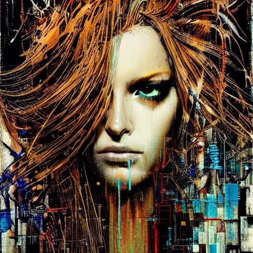 Prompt: hyperrealistic portrait of a mysterious cyberpunk woman with flowing hair, by Guy Denning, Russ Mills, beautiful, elusive, glitch art, hacking effects, glitch effects, photo real, brown eyes, digital tech effects, cybernetics, detailed lines, intricate detail, holographic, polished, chromatic, clear, color blocking, acrylic on canvas, octane, concept art, abstract, red face, front view, 8k, masterpiece, cgsociety, trending on artstation