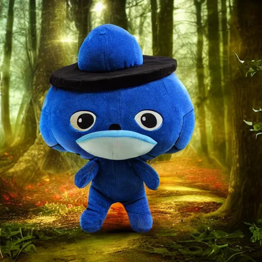 Image similar to blue snappy gifts mascot from snappy. com as plush doll in magical forest, gifts, dark atmosphere, high detail, soft lighting, 8 k