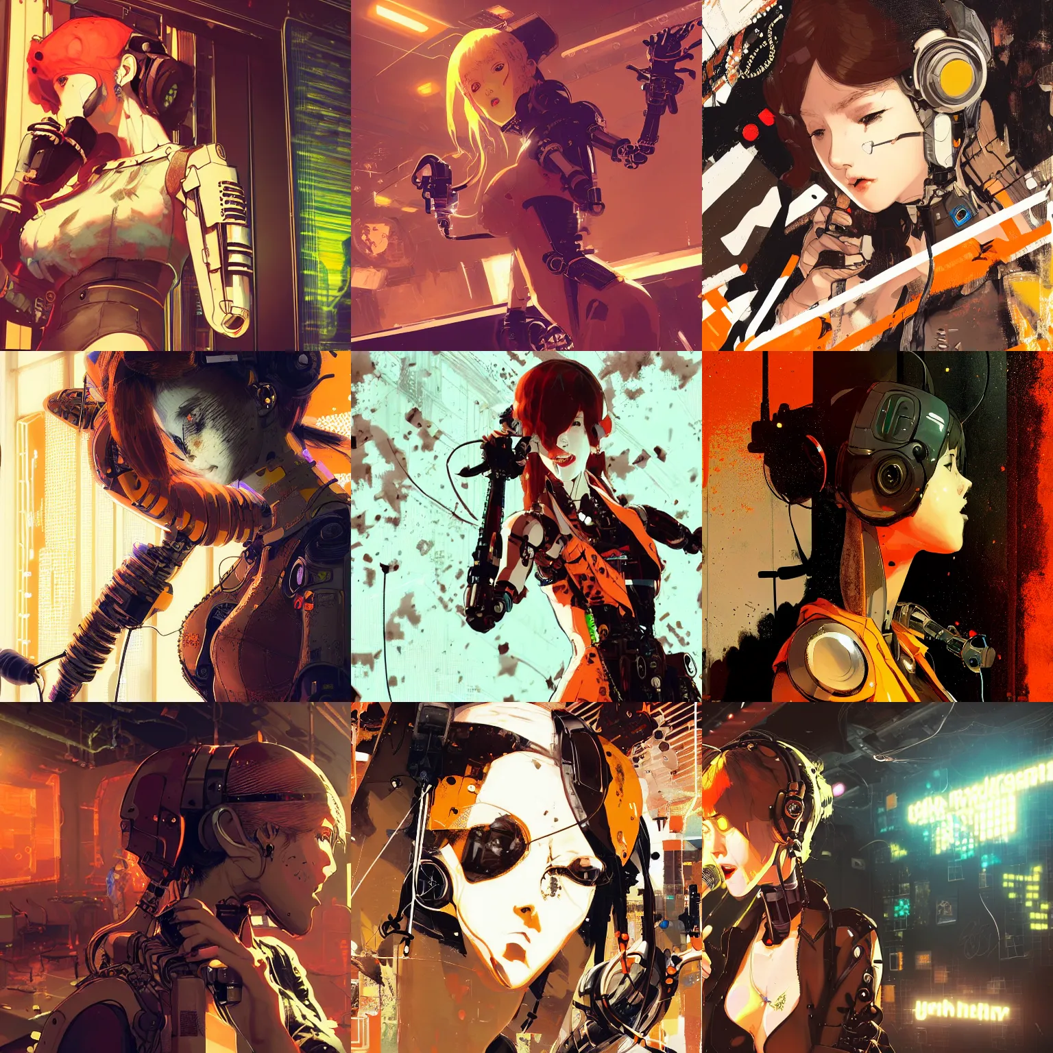 Prompt: highly detailed portrait of a post-cyberpunk robotic young lady singing in a club by Akihiko Yoshida, Greg Tocchini, Greg Rutkowski, Cliff Chiang, 4k resolution, persona 5 inspired, vibrant orange,brown, white, yellow and black color scheme with stray wiring