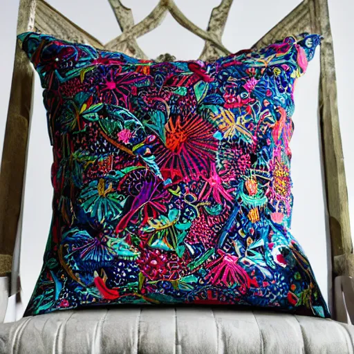 Image similar to the most amazing pillow every made, product shot, intricate, fine detail, full maximalist print