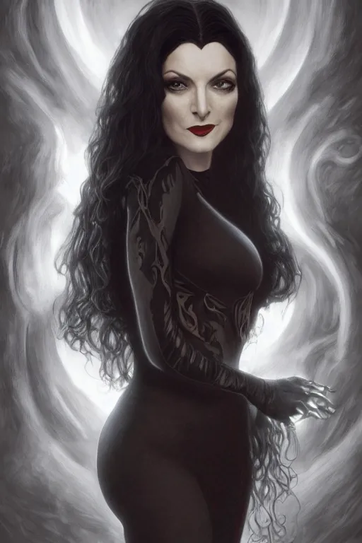 Image similar to ultra realistic illustration, deanna troi as morticia addams from baldurs gate and diablo, intricate, elegant, highly detailed, digital painting, artstation, concept art, smooth, sharp focus, illustration, art by artgerm and greg rutkowski and alphonse mucha