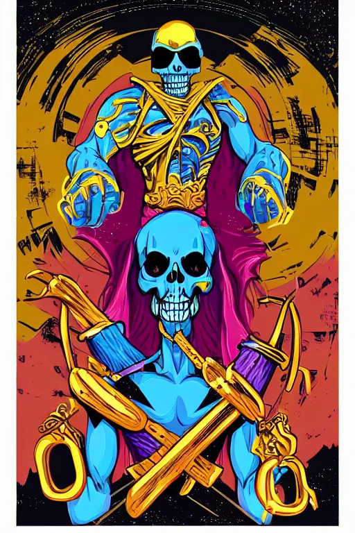 Image similar to rockstar skeletor, art by brian miller, sticker, colorful, illustration, highly detailed, simple, smooth and clean vector curves, no jagged lines, vector art, smooth