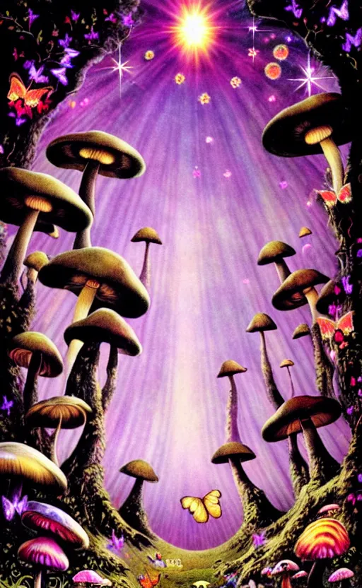 Prompt: enchanted cosmic forest, mushrooms on the ground, small fairies, stars in the sky, butterflies, rainbows, psychedelic, wide angle shot, white background, vector art, illustration by frank frazetta