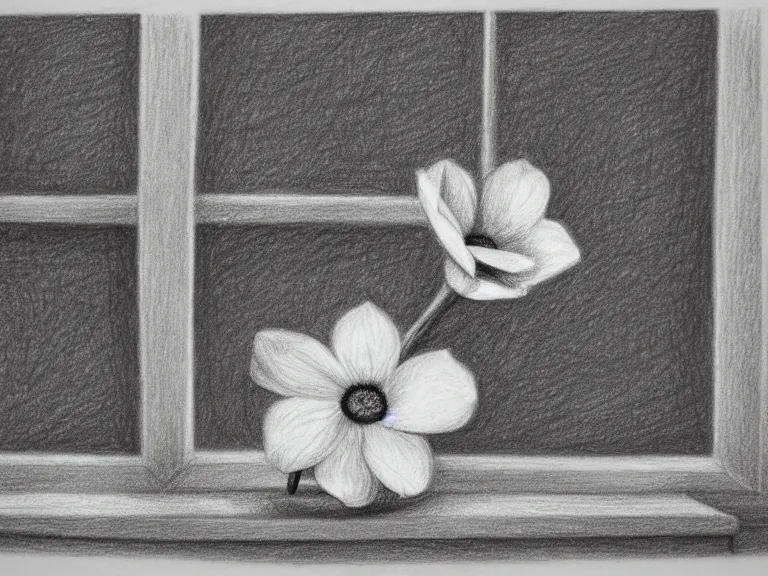 Image similar to a pencil drawing of one single flower on a window sill. by pen tacular