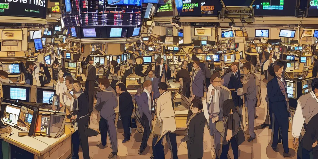 Prompt: beautiful digital painting of traders in the new york stock exchange trading floor, futurism, science fiction, mix of styles, abstract, highly detailed, intricate, studio ghibli color scheme, masterpiece