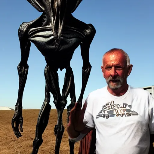 Image similar to photo, A man stand next to an alien.