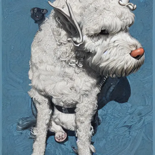 Prompt: a demon dog named bambi who is a white golden doodle and not actually a demon but called a demon because it acts like it is possesed, an ultrafine detailed painting by james jean, behance contest winner, vanitas, angular, altermodern