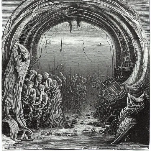 Prompt: Innsmouth, illustration by Gustave Doré