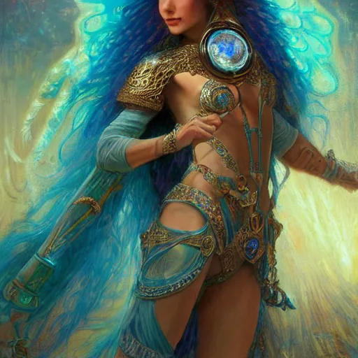 Prompt: artstation, intricate details, hyper details, by gaston bussiere, tan skin sumerian mystic lady of elche, egyptian sumerian features, techno mystic intergalactica electronic pop star, wear labradorite armor with aqua neon rapunzel dreadlocks,