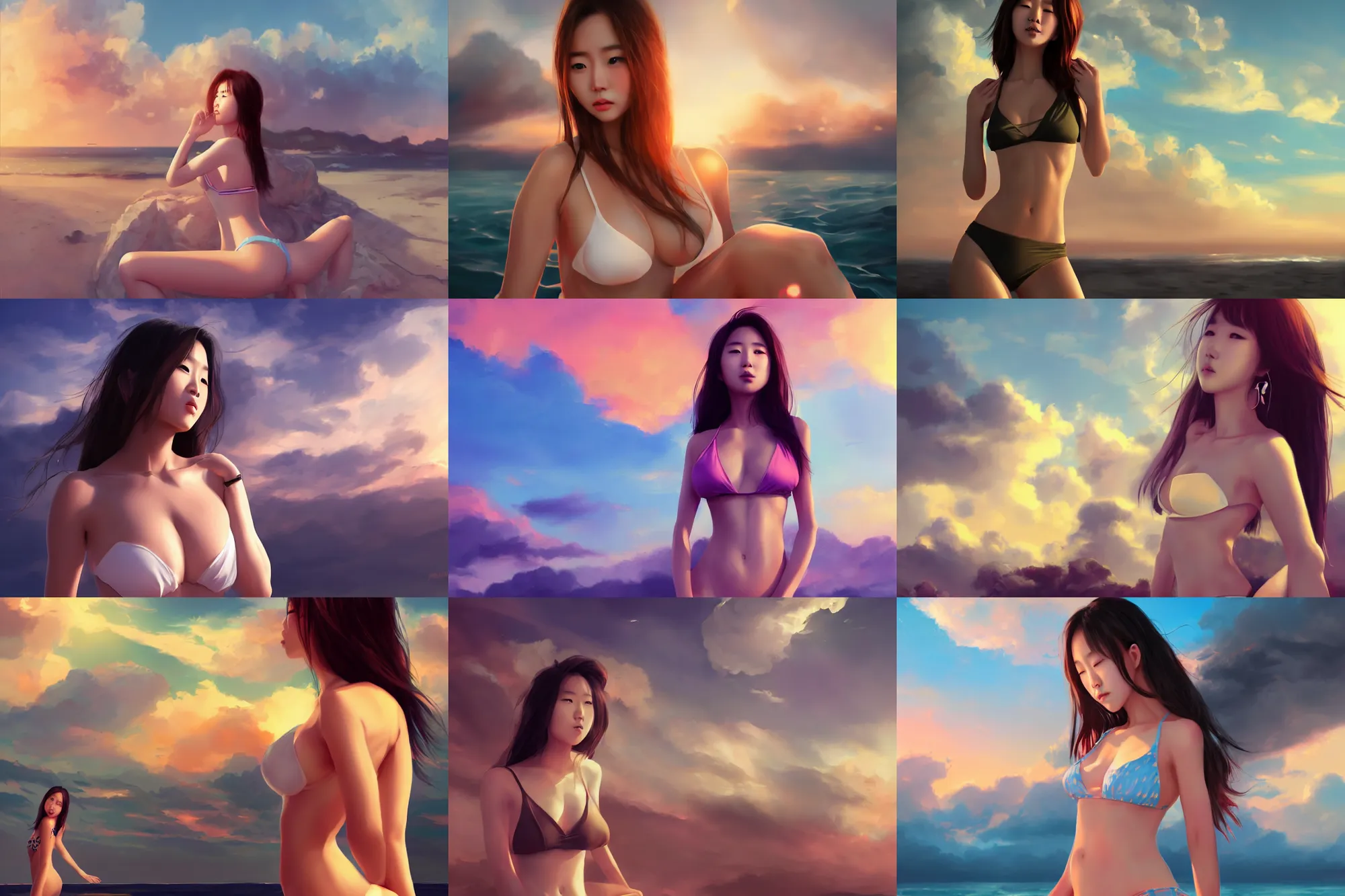 Prompt: front shot of one single beautiful korean girl in bikini top, digital art by wlop. artstation contest winner, cinematic paint. dramatic cloud in background. sunset