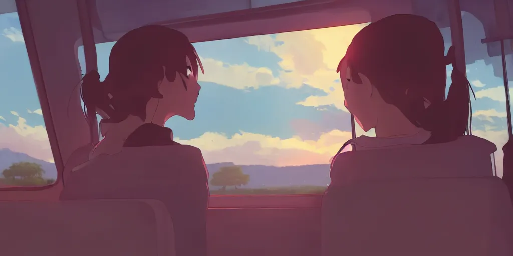 Prompt: Girl sitting in a window seat in a bus at sunset, cinematic lighting, style by Makoto Shinkai