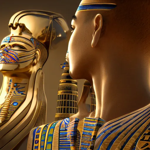 Image similar to a man in egyptian clothing wearing rings and jewlery on his neck, 8k resolution, serene, photorealistic, digital art, hyperdetailed, Unreal Engine, dynamic lighting, ultra detailed, trending on art station, concept art, stunning visuals, extreme detail