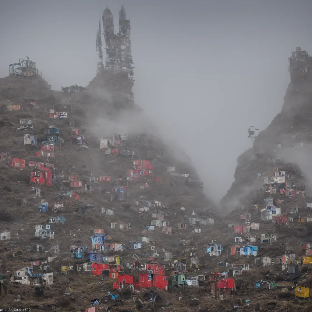 Image similar to two towers, made up of colourful makeshift squatter shacks, uneven fog, dystopia, sony a 7 r 3, f 1 1, fully frontal view, photographed by jeanette hagglund