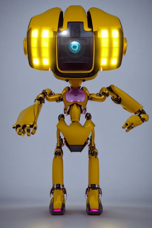 Prompt: an adorable yellow and pink robot with big sad eyes, futuristic look, highly detailed body, photorealistic camera shot, bright studio setting, studio lighting, crisp quality, light reflections, unreal engine 5 render,