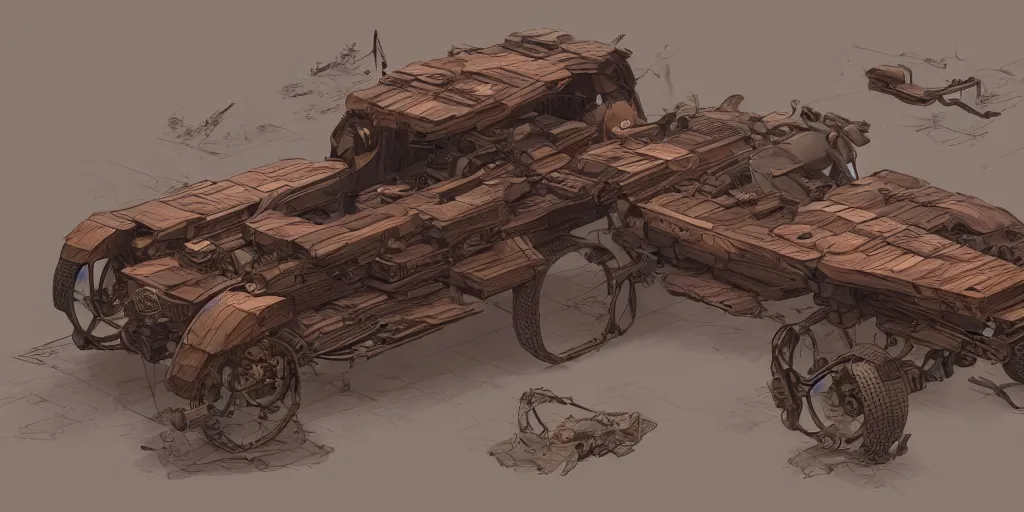 Image similar to wooden vehicle design, design sheet, Moebius, Greg Rutkowski, Zabrocki, Karlkka, Jayison Devadas, Phuoc Quan, trending on Artstation, 8K, ultra wide angle, zenith view, pincushion lens effect.