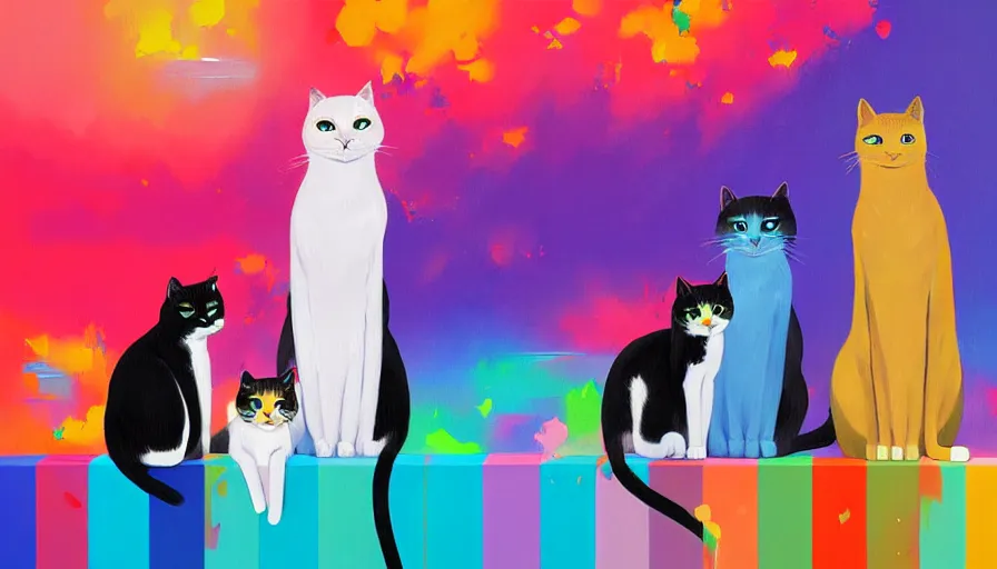 Prompt: contemporary semi abstract acrylic painting of really tall sitting cats by makoto shinkai, by lisa frank, by greg rutkowski, thick brush strokes and visible paint layers, multicolor color scheme