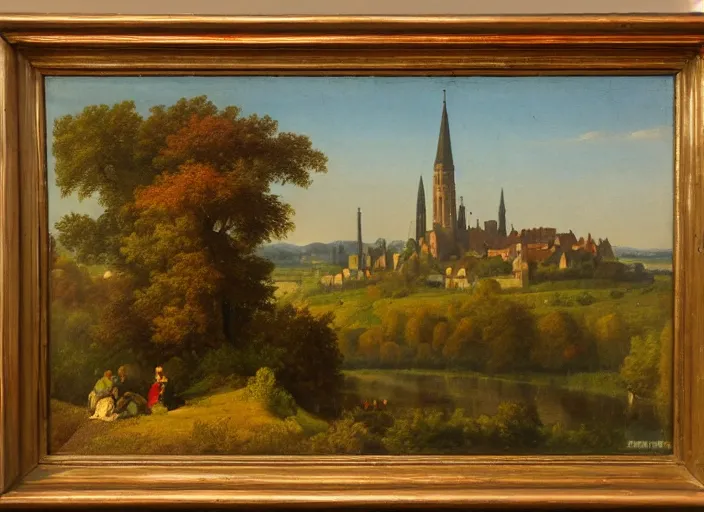 Image similar to nurburg and the surrounding area, germany in the style of hudson river school of art, oil on canvas