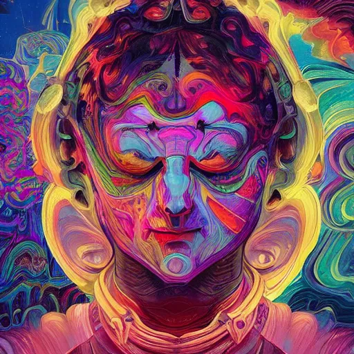 Image similar to An extremely psychedelic experience, colorful, surreal, dramatic lighting, cosmonaut, LSD, face, detailed, intricate, elegant, highly detailed, digital painting, artstation, concept art, smooth, sharp focus, illustration, art by Sam Spratt, Dan Mumford, Artem Demura and Alphonse Mucha