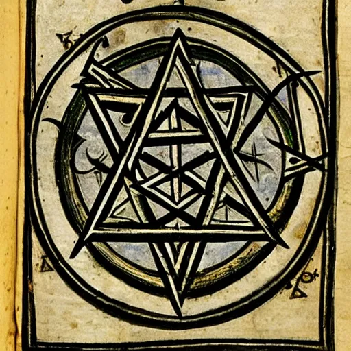 Image similar to page from a medieval manuscript on summoning demons, occult symbols, illustrations of plants, highly detailed, pentagram