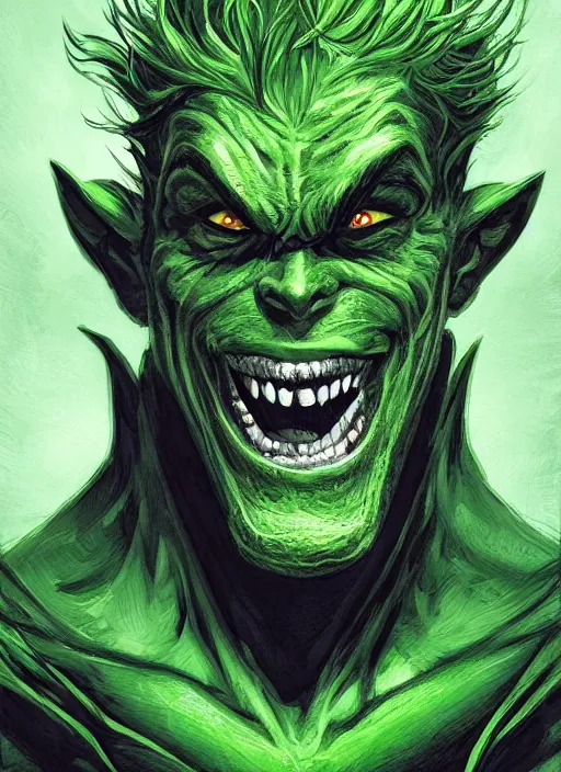 Prompt: green goblin, illustration, sharp focus, highly detailed, vertical portrait, concept art, smooth, dramatic lighting, facing forward, face in focus, in the style of Jim Lee