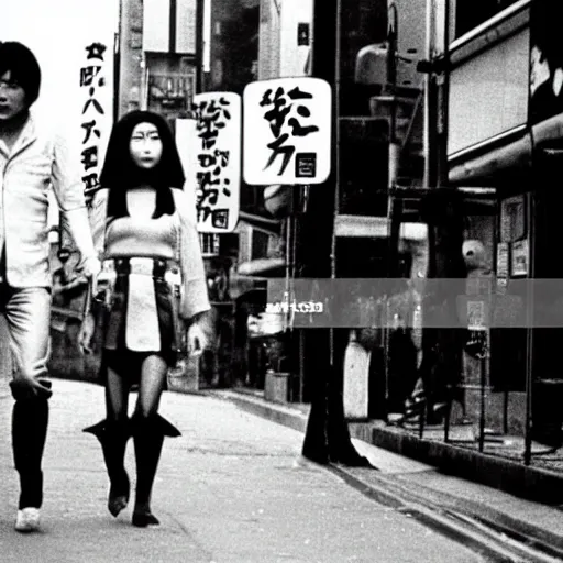 Prompt: 1 9 7 0 s japanese tv show, bw, sci - fi, tsukamoto, mechanical inhuman monsters walking the streets of shinjuku,