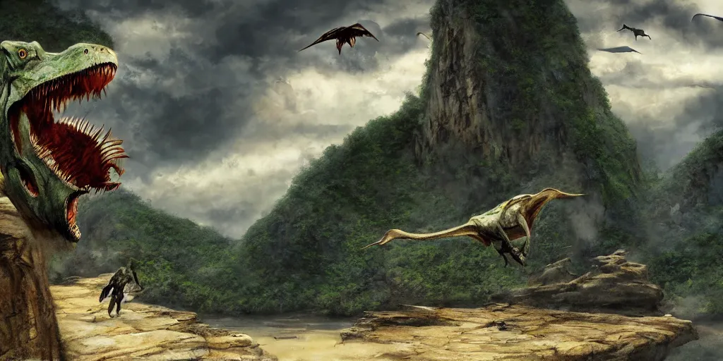 Prompt: a pterodactyl flies over a rock cliff in the prehistoric jungle, a t-rex on the cliff roars, ominous sky, james gurney, artstation