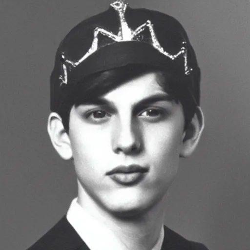 Prompt: a yearbook photo of Jughead Jones in 1966, he is wearing a hat that resembles a crown