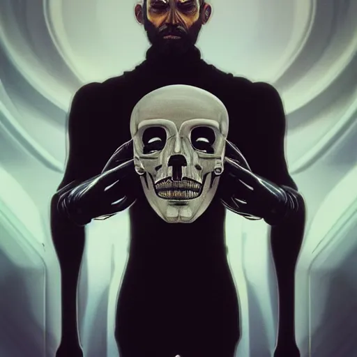 Image similar to A portrait of a cyborg from Deus Ex mediating while holding a human skull, minimalistic, hyperrealistic surrealism, award winning masterpiece with incredible details, epic stunning, infinity pool, a surreal vaporwave liminal space, highly detailed, trending on ArtStation, artgerm and greg rutkowski and alphonse mucha, daily deviation, IAMAG, broken giant marble head statue ruins, nightscape, milkyway