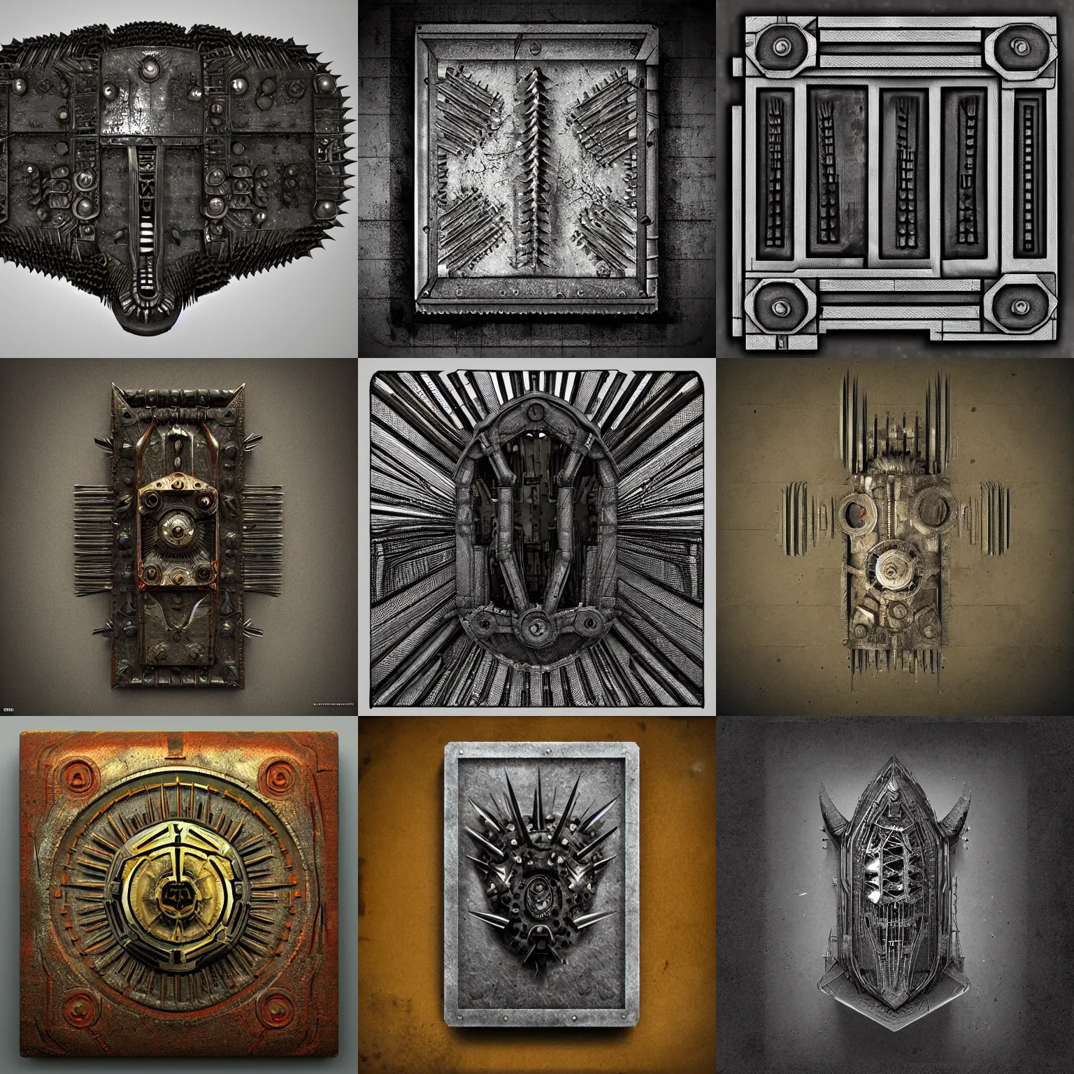 Prompt: old machinery rectangle shield with spikes, in the style of giger, highly detailed, trending on artstation, award winning