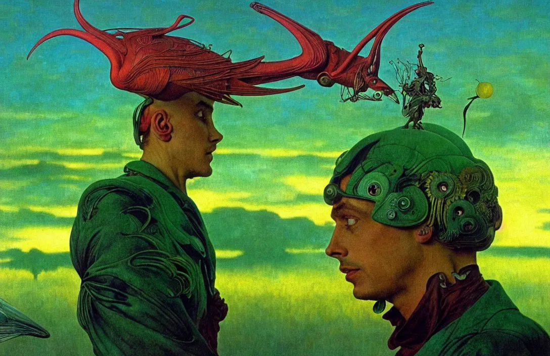 Prompt: realistic detailed portrait movie shot of a birdman wearing green leather coat, sci fi city sunset landscape background by denis villeneuve, amano, yves tanguy, alphonse mucha, ernst haeckel, max ernst, roger dean, masterpiece, rich moody colours, blue eyes