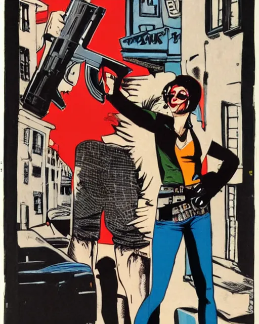 Image similar to punk girl pointing gun, city street, frank miller