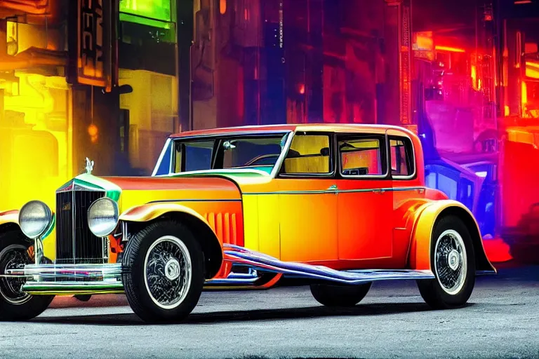 Prompt: full color photo of cyberpunk version of a 1 9 3 0 cadillac v 1 6, neon