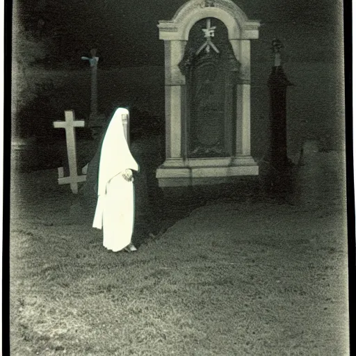 Prompt: antique photograph of a ghost of an evil catholic nun walking in a graveyard, night, blurry, translucent, glowing, real photo,