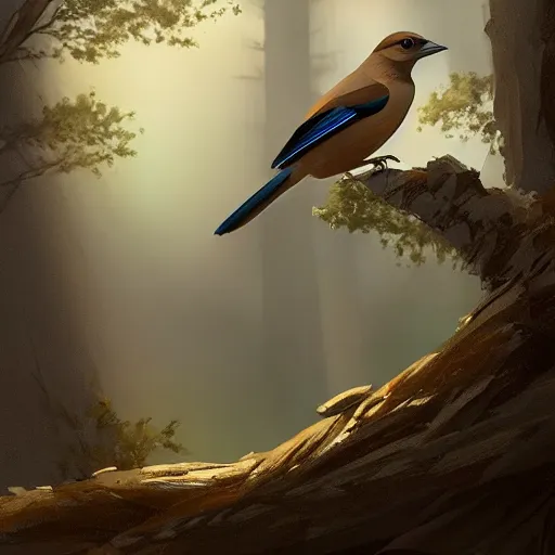 Prompt: brown spanish jay bird, garrulus glandarius, arrendajo in avila pinewood, 4 k, concept art, by wlop, ilya kuvshinov, artgerm, krenz cushart, greg rutkowski, pixiv. cinematic dramatic atmosphere, sharp focus, volumetric lighting, cinematic lighting, studio quality